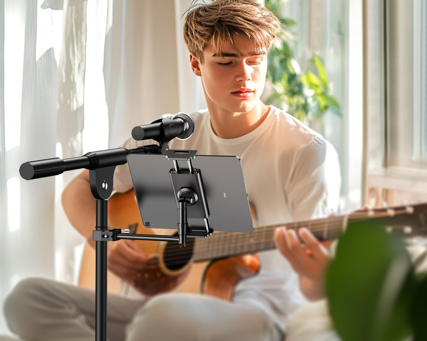 elitehood Aluminum iPad Holder for Mic Stand, Side Mount iPad Music Stand Holder for Microphone, 360° Swivel Tilt Adjustable Mic Tablet Mount for 4-13in iPhone, Cell Phones and Tablets