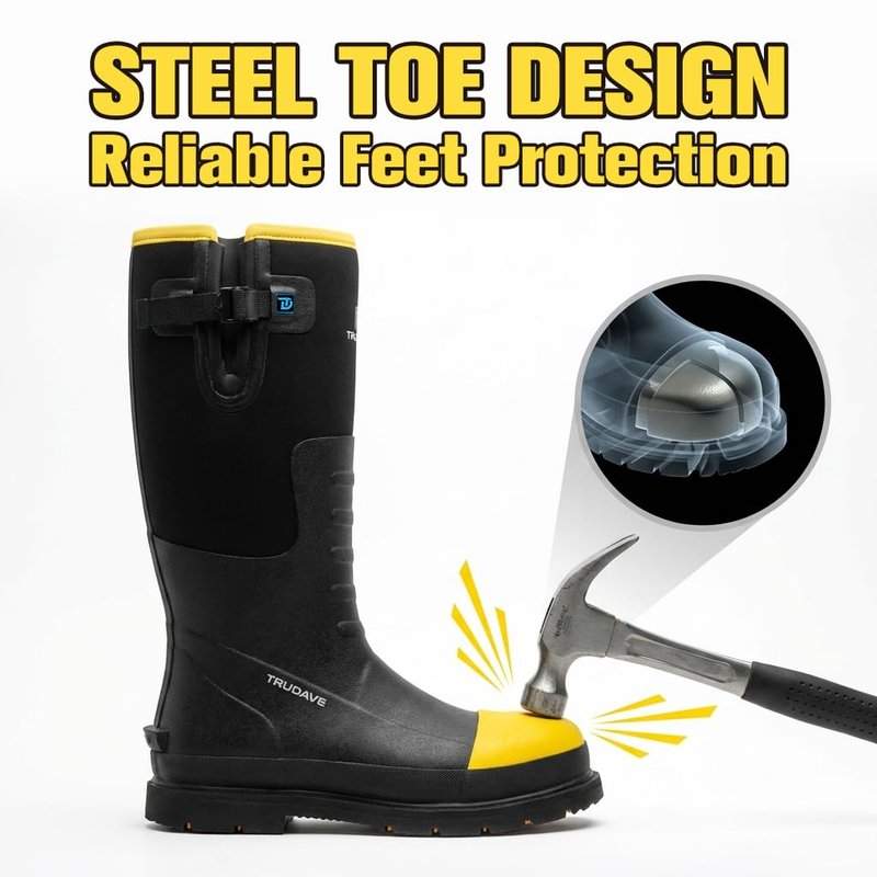 Trudave Rubber Work Boots for Men with Steel Toe & Shank, Waterproof Anti Slip Mud Rain Boots, 6mm Neoprene Warm Outdoor Hunting Boots, Durable Black Rubber Boot for Manufacturing, Construction, Size