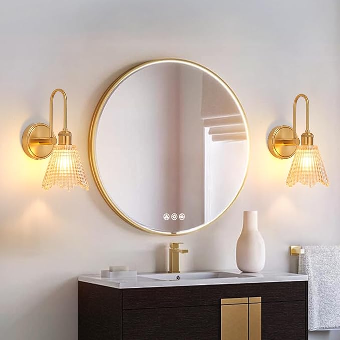 Wall Sconce Set of 2, Gold Vintage Light Fixtures with Long Amber Glass Lampshade, Hardwired Sconces Wall Lighting for Bedroom, Bathroom, Living Room | Includes 2 LED Bulbs
