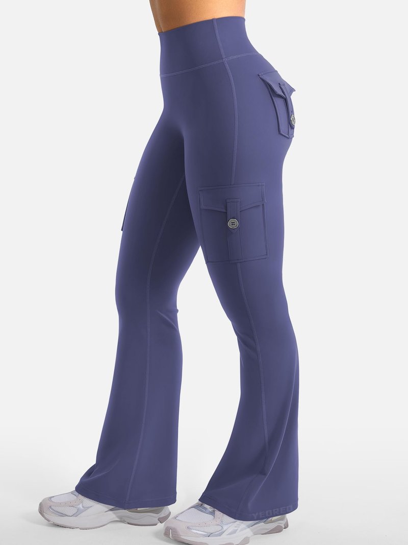 YEOREO CoreFlex Women Workout Flare Leggings with Pockets Hidden Scrunch High Waisted Cargo Gym Yoga No Front Seam Leggings Dark Blue XL