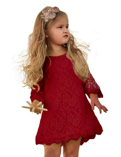 Flower Girl Dress, Lace Dress 3/4 Sleeve Dress (Red, 8-9 Years)