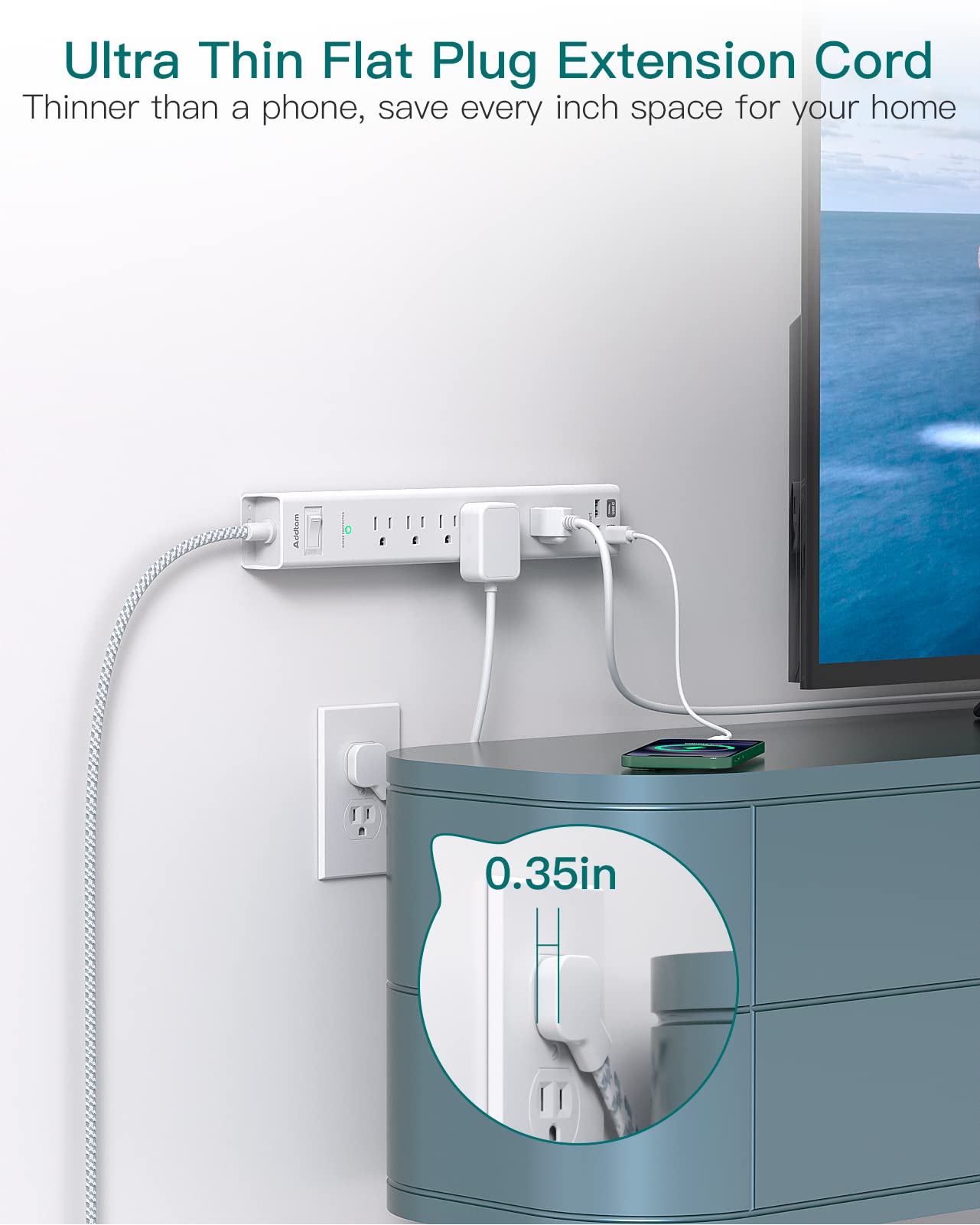 Extension Cord 10 ft - Long Power Strip Surge Protector, 6 AC Outlet 4 USB (2 USB C), Flat Plug, Wall Mount, Multi Plug Outlet Extender Desk Charging Station for Home Office Dorm Room Essentials