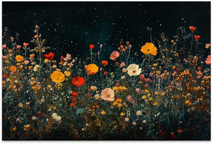 Yesad Wildflowers Field Landscape Wall Art, Floral Canvas Wall Art Wildflowers at Night Flower Prints Painting Rustic Wall Décor for Living Room Bedroom Farmhouse (Unframed,18”x12”,Wildflower1)