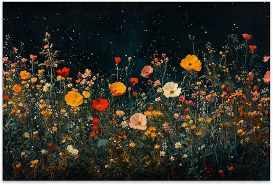Yesad Wildflowers Field Landscape Wall Art, Floral Canvas Wall Art Wildflowers at Night Flower Prints Painting Rustic Wall Décor for Living Room Bedroom Farmhouse (Unframed,36”x24”,Wildflower1)