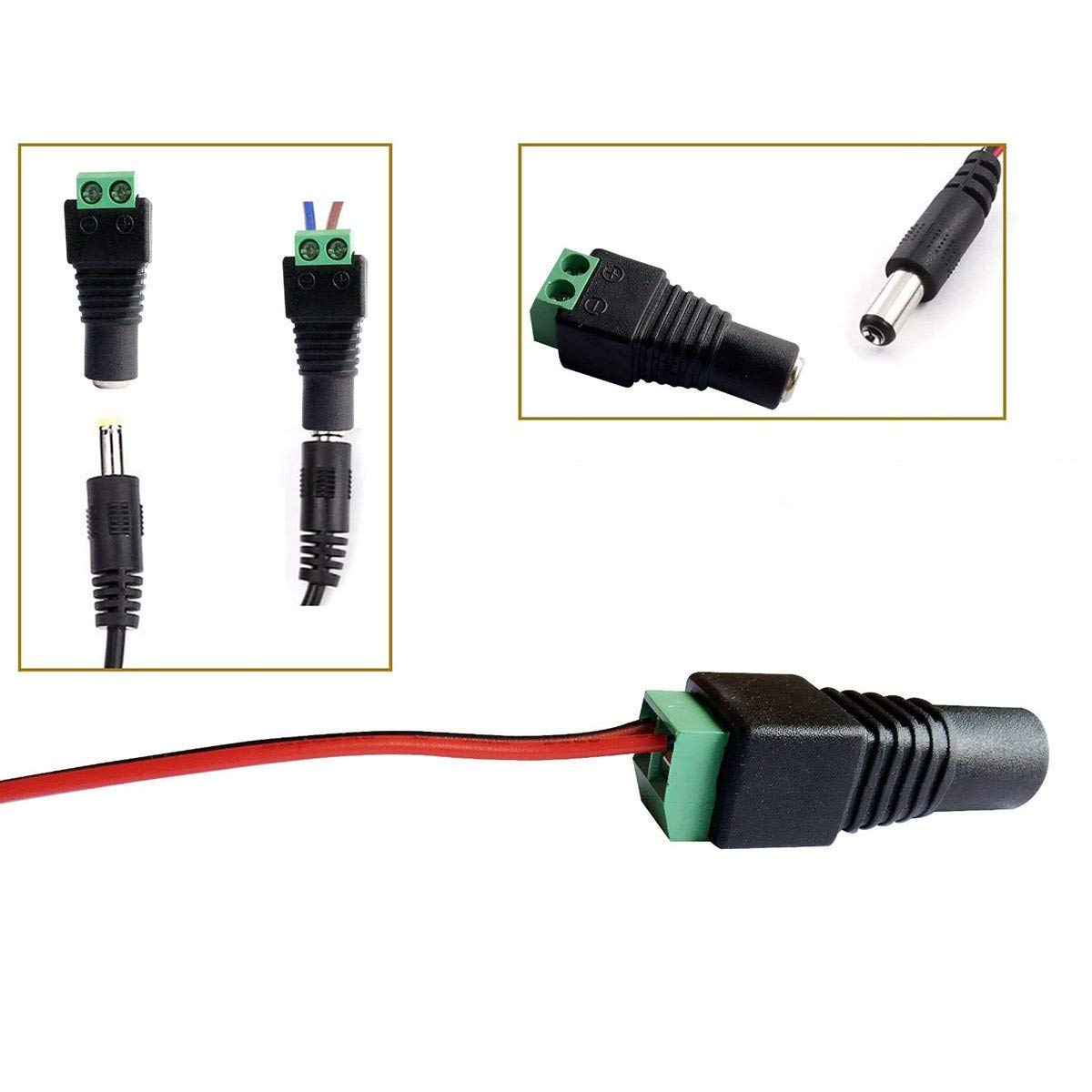 LitaElek 5.5mm x 2.1mm DC Connector 12V DC Barrel DC Jack Female Male Plug Adapter Screw Terminal Connector for CCTV Camera, LED Strip Light, or other DC 5V-24V Devices (5 female + 5 male)