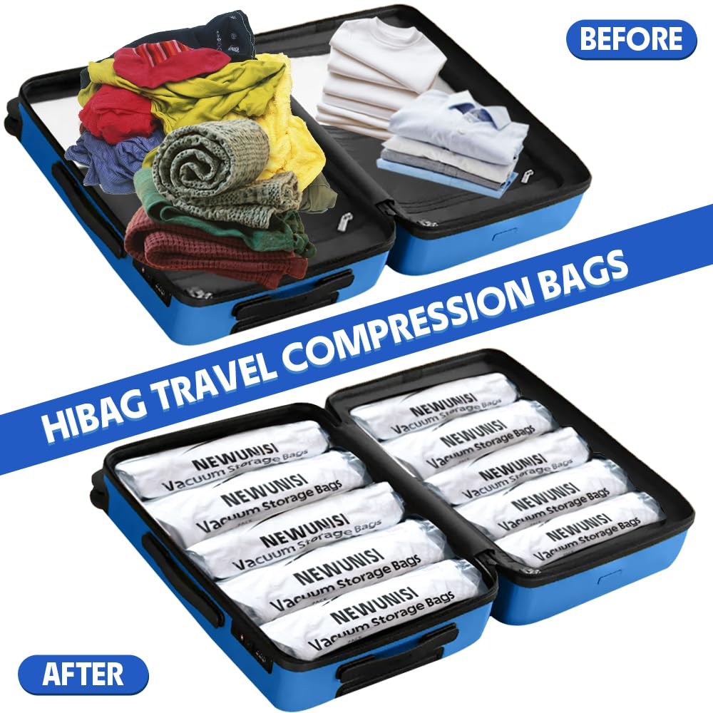 12 Pack Compression Bags, Travel Roll Up Reusable Travel Space Saver Vacuum Storage Bags for Luggage, Camping, and Storage (No Vacuum or Pump Needed).