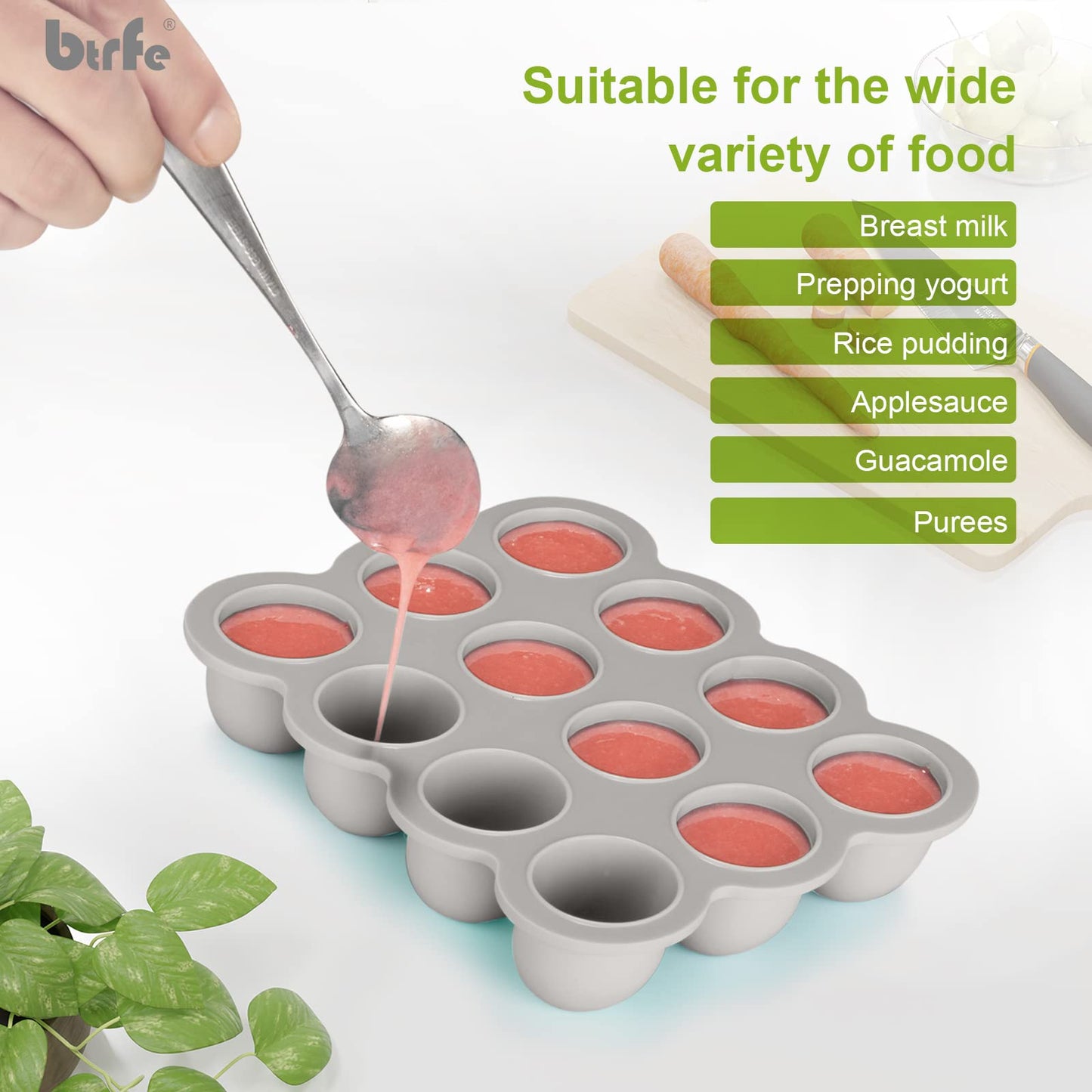btrfe Baby Food Storage Container - 1.5oz x 12 Pods Silicone Freezer Tray with Lid for Homemade Baby Food, Fruit Purees, Vegetable & Breast Milk (Grey)