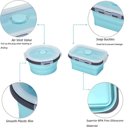 KUON Collapsible Silicone Food Storage Containers with Airtight Lids, Set of 4 Stacking Container, Microwave and Freezer and Dishwasher Safe, with Vent Valve, BPA Free (350ml and 500ml)
