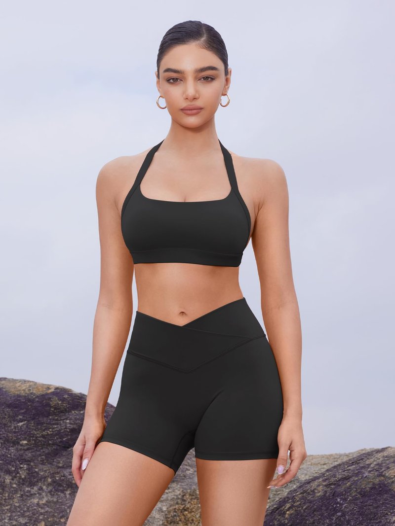 YEOREO Gym Workout Shorts for Women High Waisted Tummy Control Hidden Scrunch 4.5" Booty Shorts Julissa Cross Waist Yoga Black