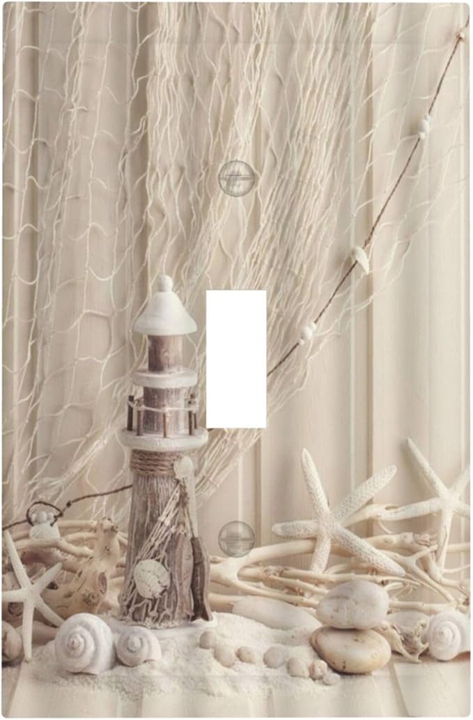 Nautical Coastal 1 Gang Single Toggle Light Switch Covers Seashell Fishing Net Ocean Lighthouse Starfish Decorative Wall Plate Switchplate Electrical Faceplate Beach Theme Decor