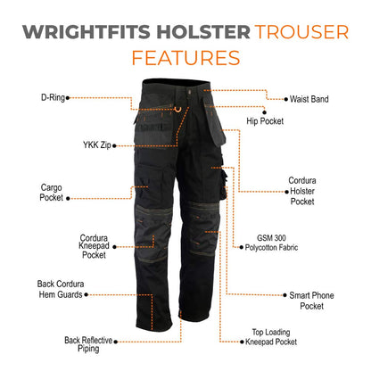 WrightFits Men Holster Work Trousers Black - Heavy Duty Safety Combat Cargo Pants - Multi Pockets - Knee Pad Pockets - Triple Stitched - Durable Workwear (32W X 29L)