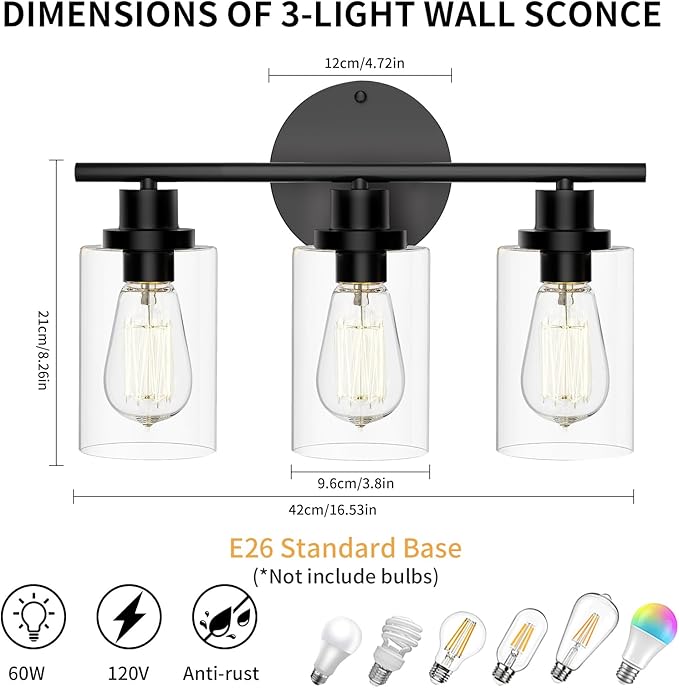 GORDNWE Modern Farmhouse Vanity Light Fixtures - 3 Light Matte Black Bathroom Lighting Over Mirror, E26 Bulb Base