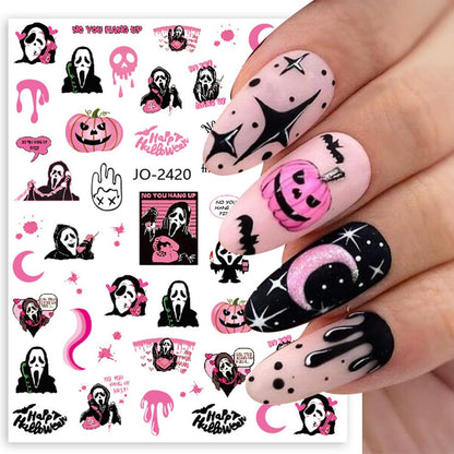 Halloween Nail Stickers, Halloween Nail Art Decals 3D Self-Adhesive Pink Ghost Skull Spider Pumpkin Nail Design DIY Holiday Nail Decoration for Party (6 Sheets)