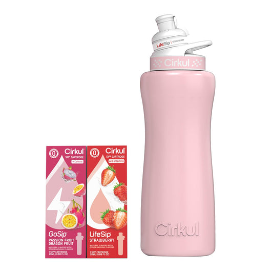 Cirkul 32oz. Blush Pink Stainless Steel Water Bottle Starter Kit with Pink Lid and 2 Flavor Cartridges (1 LifeSip Strawberry, 1 GoSip Passion Fruit Dragon Fruit) No Sugar, Zero Calorie Drink Mix