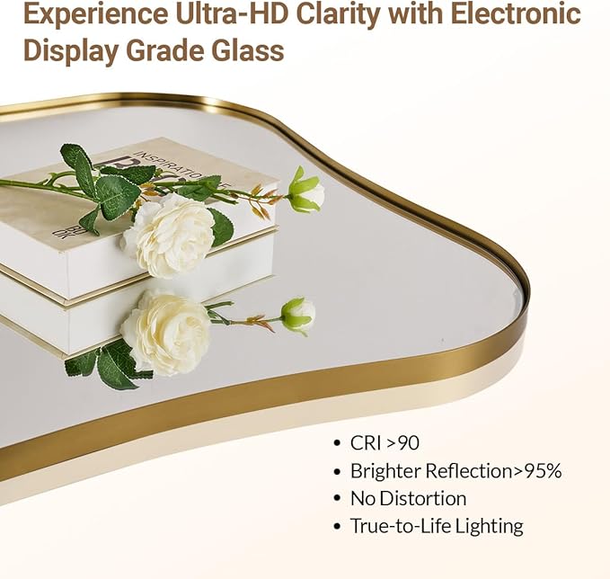 ANDY STAR 24"x24" Brushed Brass Square Mirror, Gold Scalloped Mirror with Unique Notched Edges Design in 1 Inch Stainless Steel Metal Frame for Home Bathroom Wall Mounted