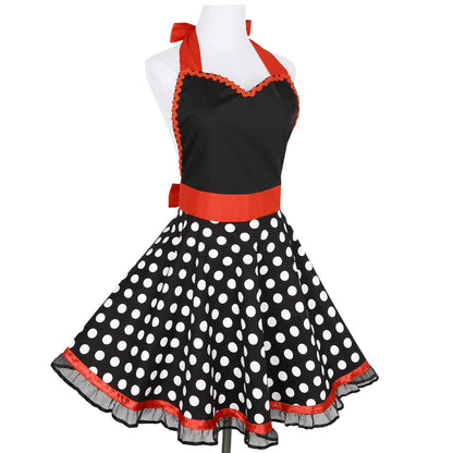 Violet Mist Cute Sweetheart Vintage Apron for Women Girls Polka Dot Retro Stylish Apron Sexy Black Dress 50s Aprons Lace Ruffle Adjustable Neck Strap Flirty Aprons Halloween Christmas Mothers Gifts