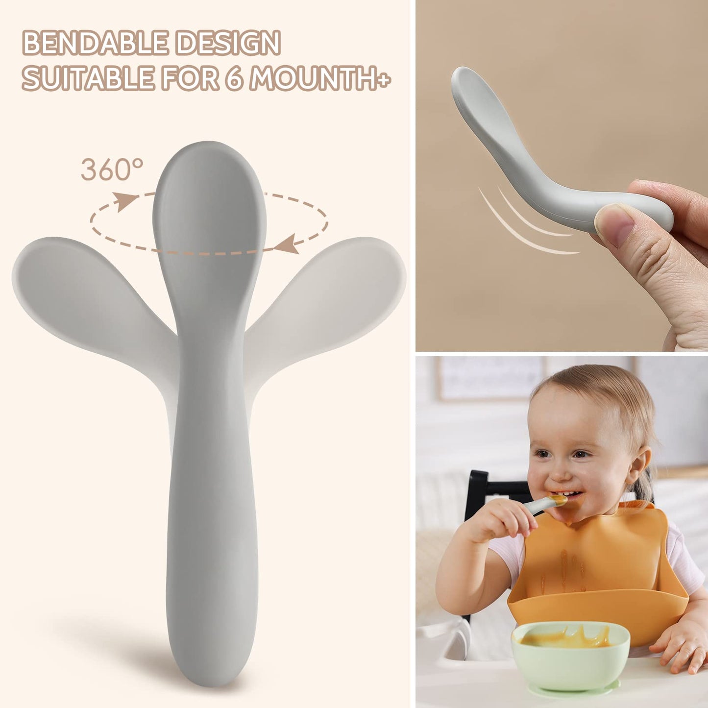 6 Pack Baby Spoons, Shorter Length for Self Feeding, First Stage Spoons, Food Grade Silicone, 6+ Months, Baby Training Spoons, Dishwasher Safe & Boil-proof