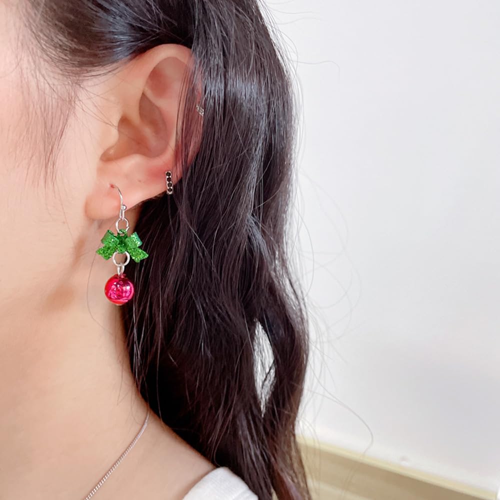 Ribbon Bow Festive Red Green Ball Ornament Dangle Drop Earrings for Women Cute Bowknot Fish Hook Dangling Hypoallergenic Christmas Festival Jewelry Gifts for Bff Daughter Thanksgiving