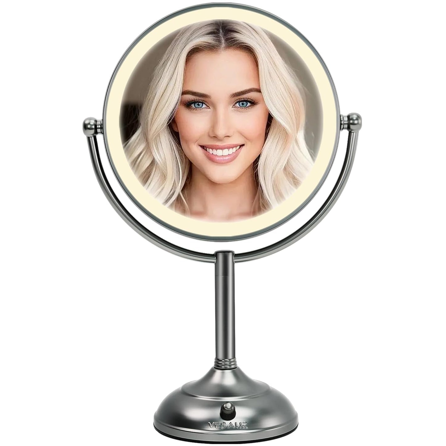 Professional 8.5" Large Lighted Makeup Mirror with Brighter Lights, 1X/10X True HD Magnifying Mirror with 3 Color Dimmable Lights, 90 Shadowless LEDs, 360°Swivel Seamless Vanity Mirror, Pearl Nickel