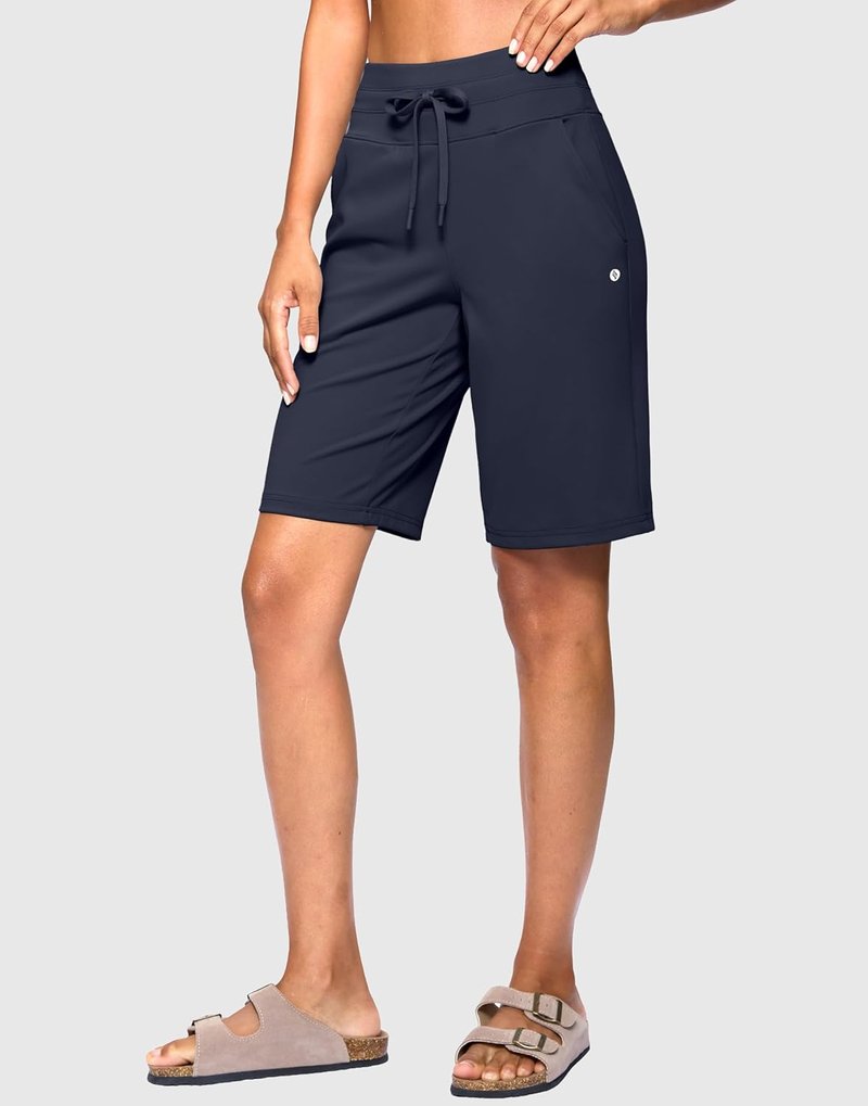 SANTINY Women's High-Waisted Bermuda Shorts - Athletic Knee-Length with Pockets for Workouts