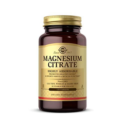 Solgar Magnesium Citrate Tablets, Supports the Nervous System, Energy Release, Reduces Tiredness and Fatigue, Vegan, Brown, 120 Count