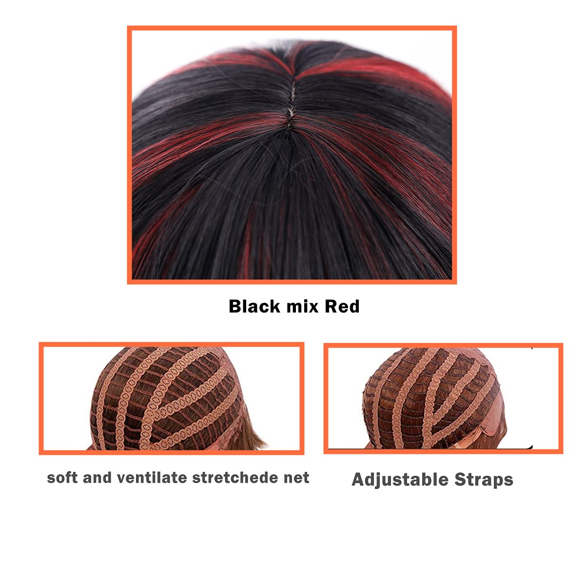 MeCamping Short Curly Wig with Bangs Synthetic Long Hair Wavy Red Mixed Black Wigs Party Cosplay Costume Halloween Wig Resistant Fiber Hair for Women Girls, 24 Inch (Pack of 1), Red mixed with black