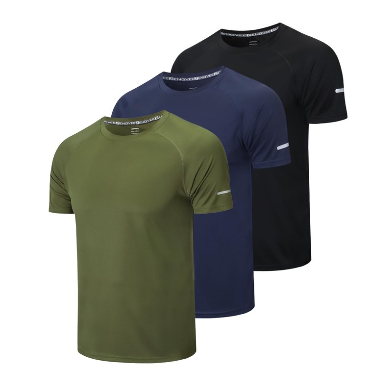 frueo Men's 3 Pack Workout Shirts Quick Dry Moisture Wicking Short Sleeve Mesh Athletic T-Shirts,Black Navy Green,XL