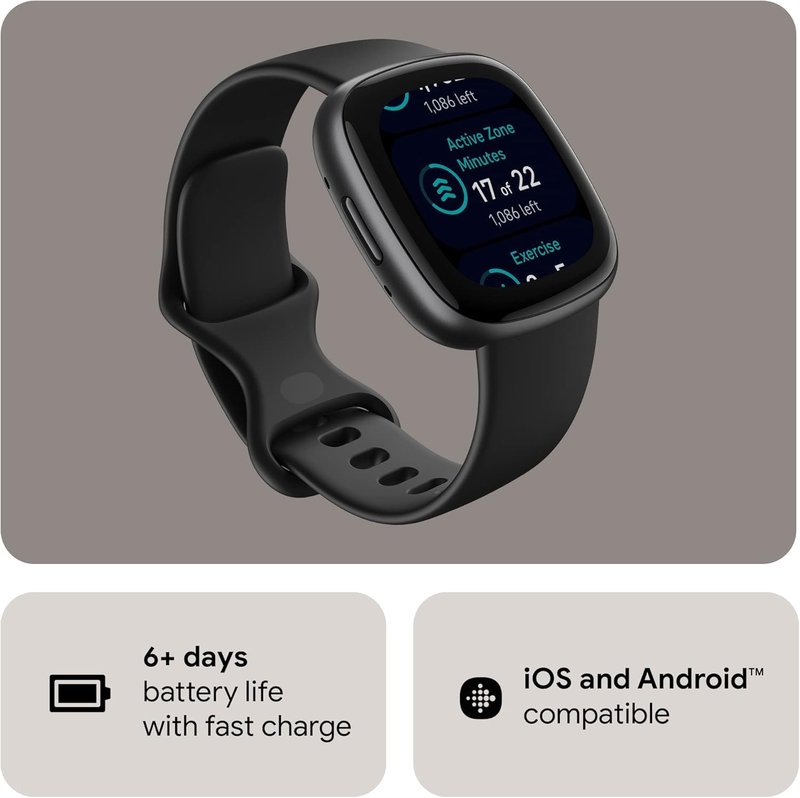 Fitbit Versa 4 Smartwatch (Bundle) – GPS Fitness Tracker, 40+ Exercise Modes, Heart Rate, Sleep, Workout for Android & iPhone + Fast Charger, 2 Silicone Bands, Protection Shields, Cleaning Cloth