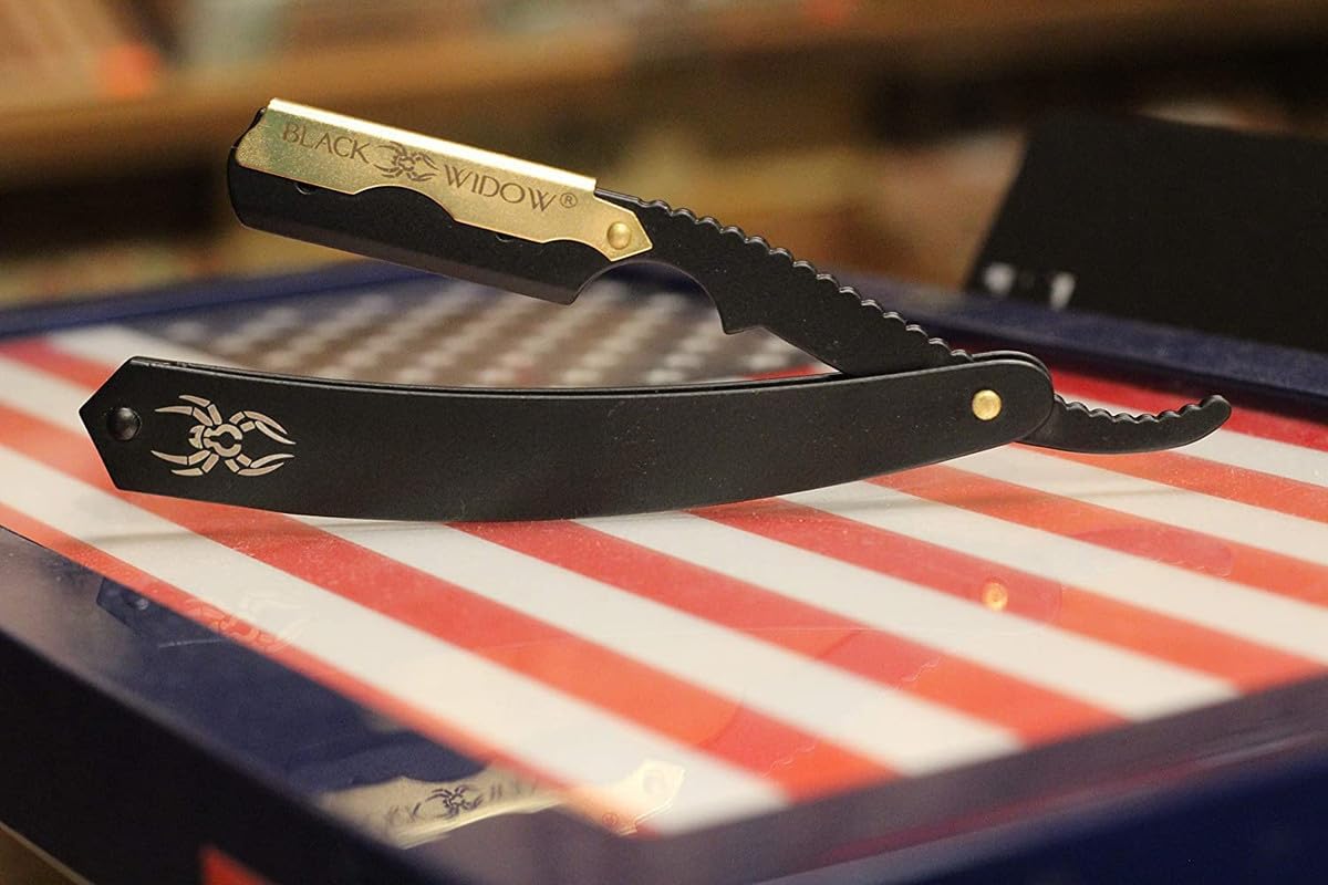 Black Widow Razor, Professional Straight Razor for Men, Safety with 10 Pack Blades (1.5mm Exposure) (Gold)