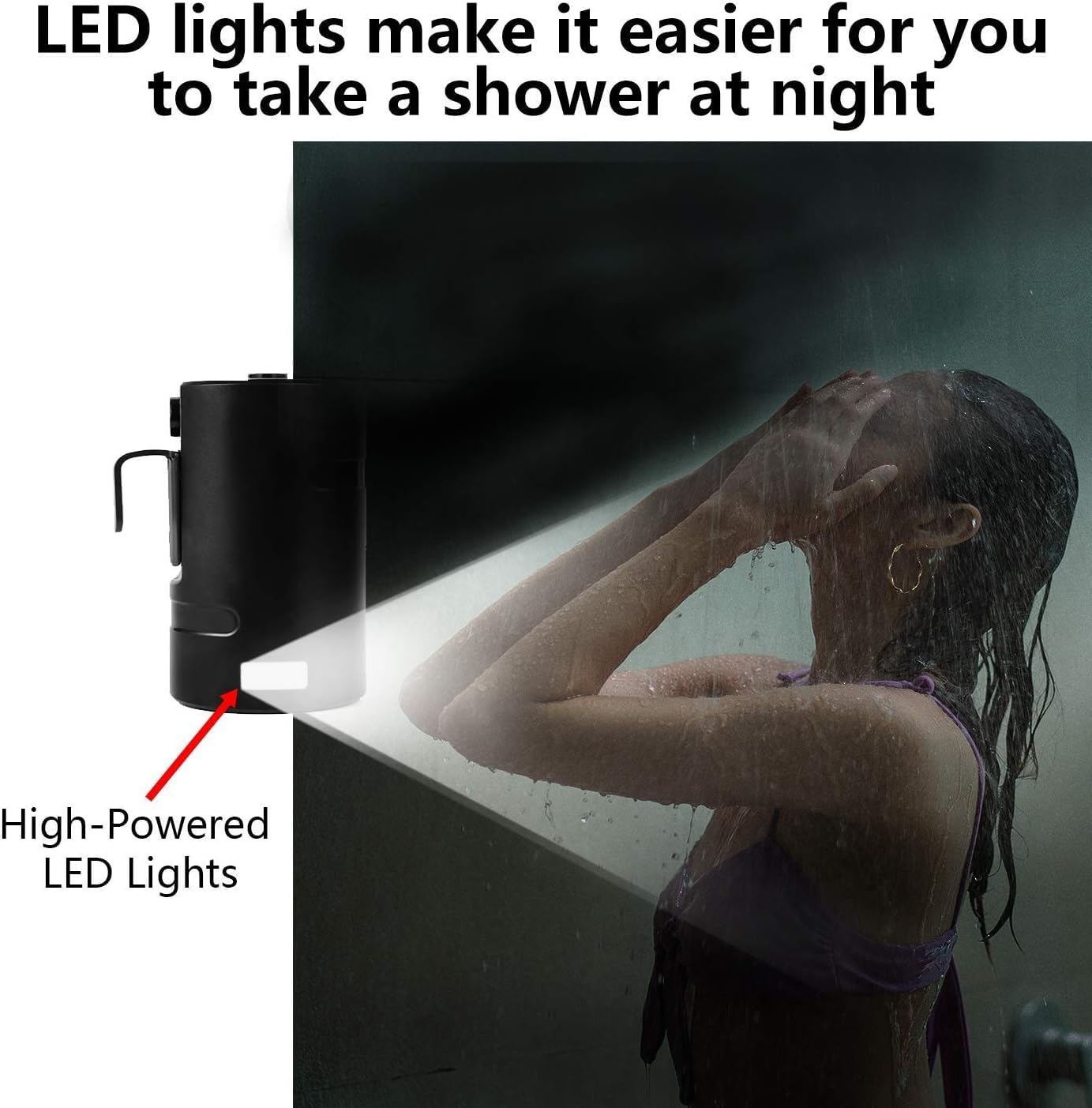 AZXJC Portable Outdoor Shower, Camp shower with 3 LED Lights, 4400mAh Battery Powered Camping Shower Pump for Hiking/Outdoor, Travel, Beach, Pet, Flowering, Waterproof &USB Rechargeable 2 Flow Mode