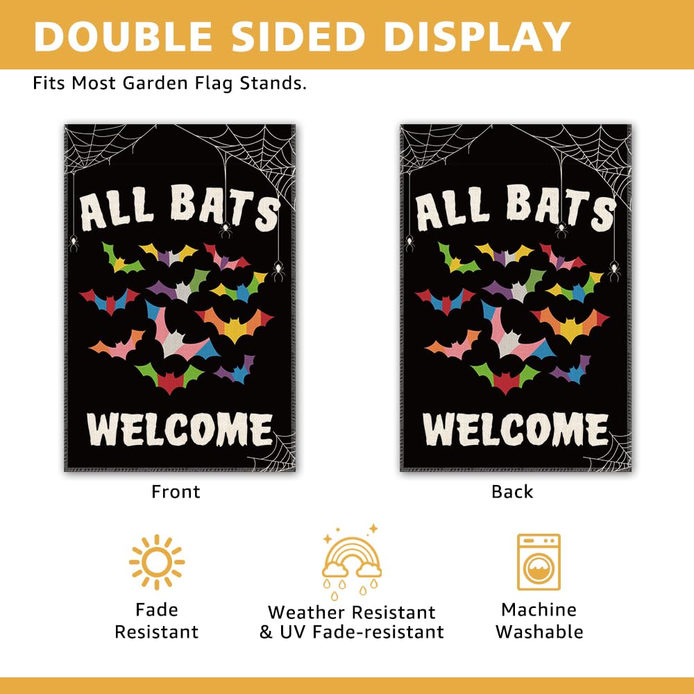JMYROG All Bats Welcome Garden Flag - Double Sided Yard Outdoor Farmhouse Lawn Porch Decor, Halloween Bats Decor, Inclusive Equality Diversity Flag, LGBTQ Pride