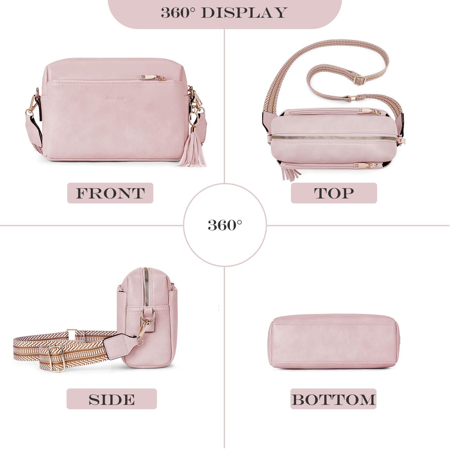 Roulens Triple Zip Small Crossbody Bag for women,Wide Strap Cell Phone Purse Shoulder Handbag Wallet with Credit Card Slots