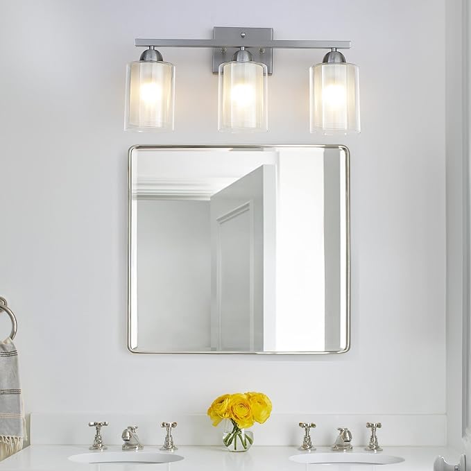 Stainless Steel Bathroom Vanity Light Over Mirror, 3 Light Brushed Nickel Bathroom Light Fixtures with Milk Glass and Clear Glass Shades, Modern Vanity Lighting Wall Mount