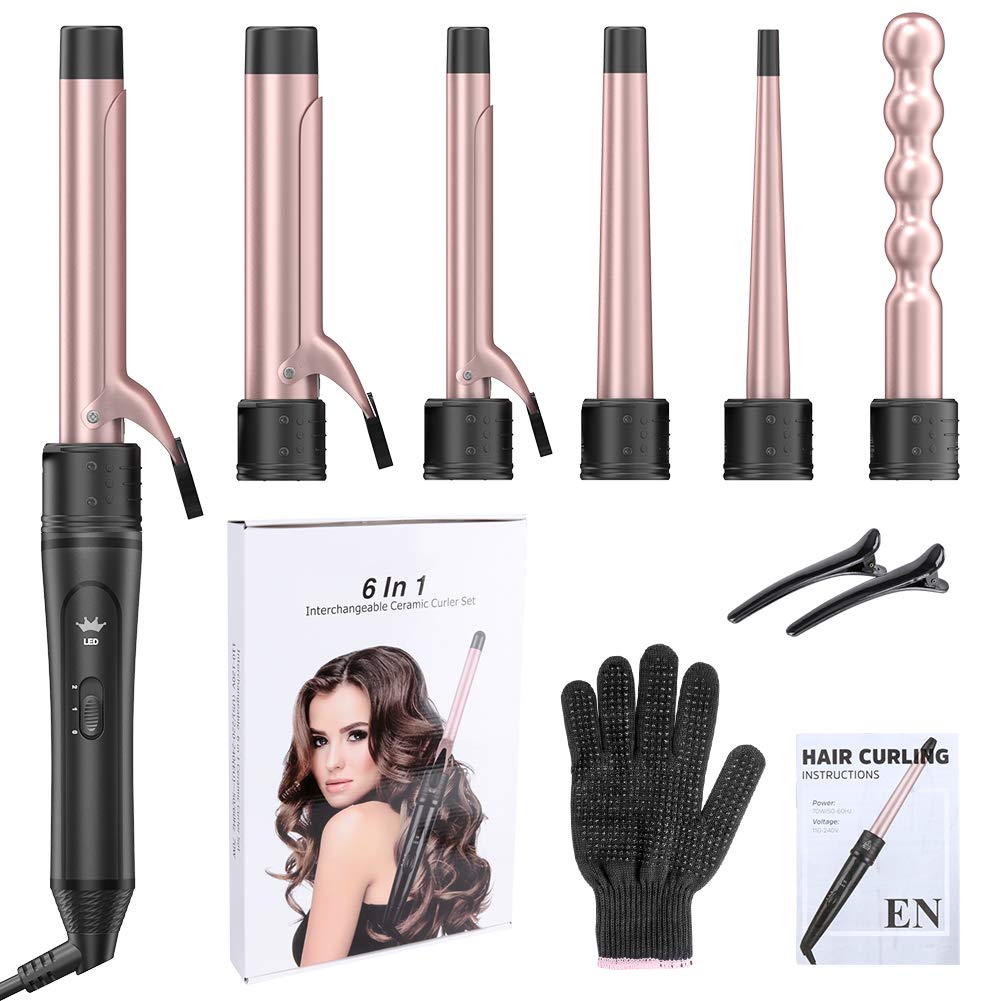 6-in-1 Curling Iron, Professional Instant Heat Up Hair Curling Wand Set with 6 Interchangeable Ceramic Barrels (0.35'' to 1.25'') and 2 Temperature Adjustments, Heat Protective Glove & 2 Clips