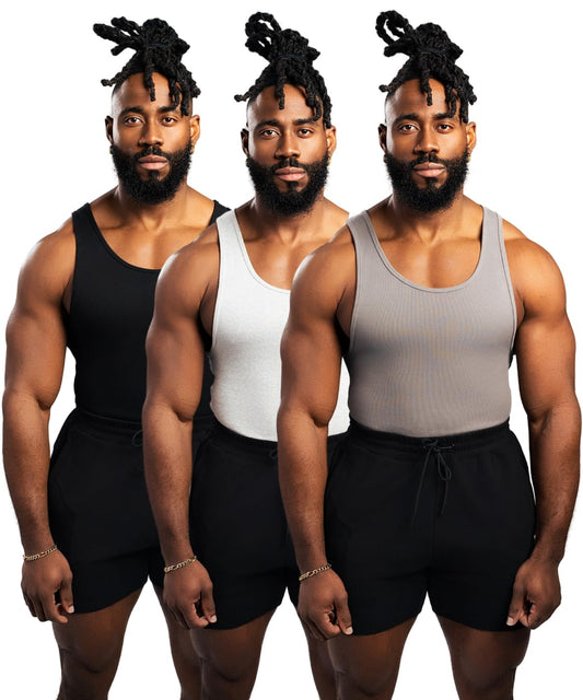 Ekkovision Beaters, Men's Tank Tops, Cotton Spandex Blend Tanks Tops for Men, Comfortable, Durable, Ribbed Fabric, Ideal Fit for Gym, 3 Pack, Black, White, & Shadow, Size Medium (Please Size UP)