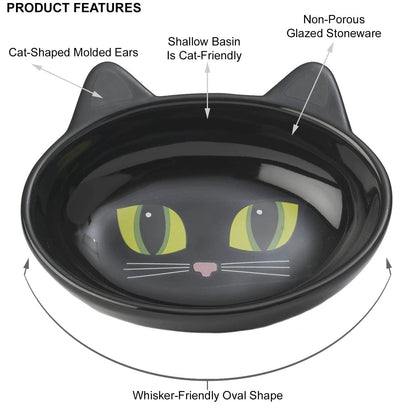 PetRageous 10011 Oval Frisky Kitty Stoneware Cat Bowl 5.5-Inch Wide and 1.5-Inch Tall Saucer with 5.3-Ounce Capacity and Dishwasher Safe is Great for Cats, Ceramic, Black