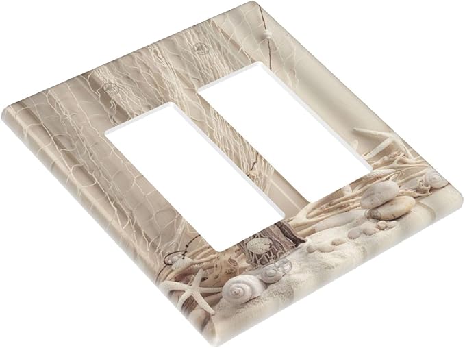 Nautical Coastal Double Rocker Light Switch Cover Seashell Fishing Net Ocean Lighthouse Starfish 2 Gang Outlet Wall Plate Decorative GFCI Switchplate Electrical Faceplate Beach Theme Decor