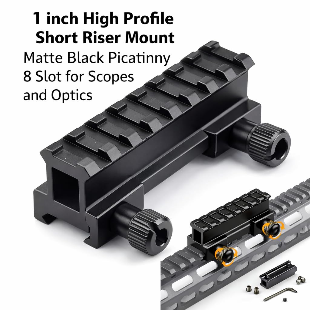 360 Tactical 1 inch High Profile Short Riser Mount Matte Black Picatinny 8 Slot for Scopes and Optics