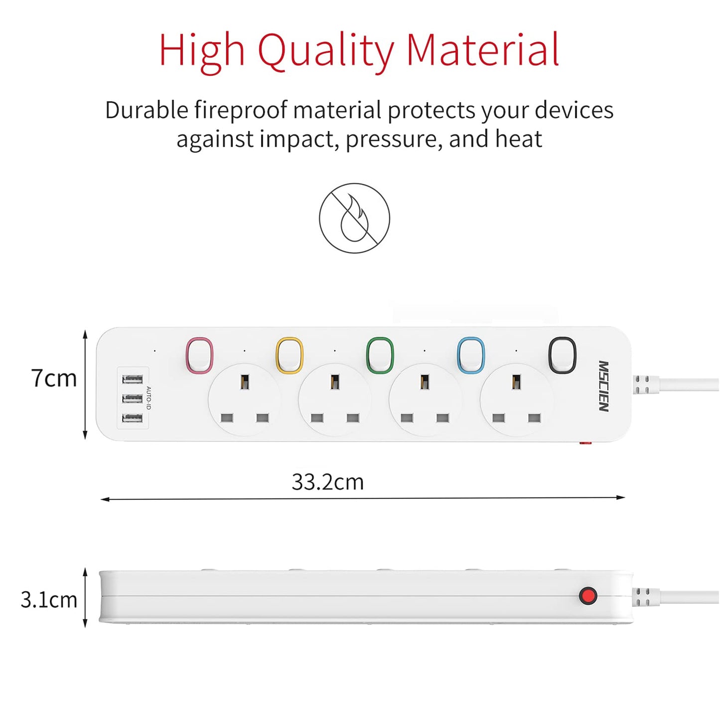 Mscien 3M Extension Lead with USB Slots, 4 Way 3 USB Extension Socket with Individual Switches Mountable Overload Protection Power Strips with 3Metre Extension cable 3250W