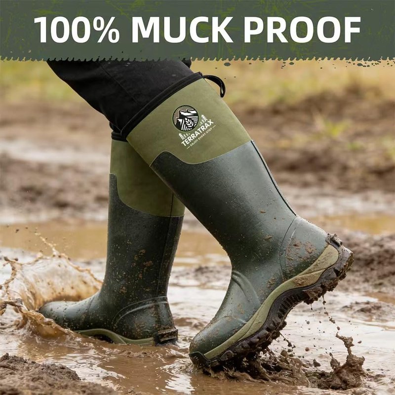 TerraTrax Men's Waterproof Insulated Rubber Hunting Boots – 6mm Neoprene Rain Boots for Outdoor Work, Fishing, Farming & Gardening Black Size 8