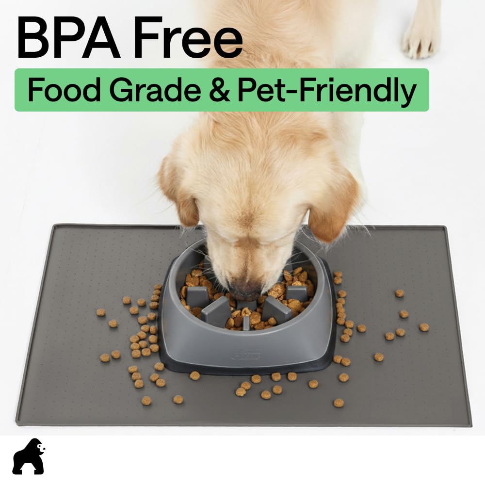 GORILLA GRIP 100% Waterproof Raised Edge BPA Free Silicone Pet Feeding Mat, Dog Cat Food Mats Contain Spills Protects Floors, Placemats for Cats and Dogs Water Bowl, Pets Accessories 23x15 Gray