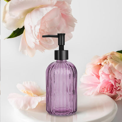 Topsky Stripe Glass Soap Dispenser with Black Plastic Pump, 400ml Liquid Hand Soap Dispenser, Rustproof Pump for Kitchen & Bathroom, Great for Lotions, Essential Oil, Liquid Soaps-Purple