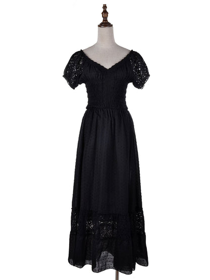 Anna-Kaci S/M Fit Peasant Maiden Boho Inspired Cap Sleeve Lace Trim Dress Black Medium, Black, Medium