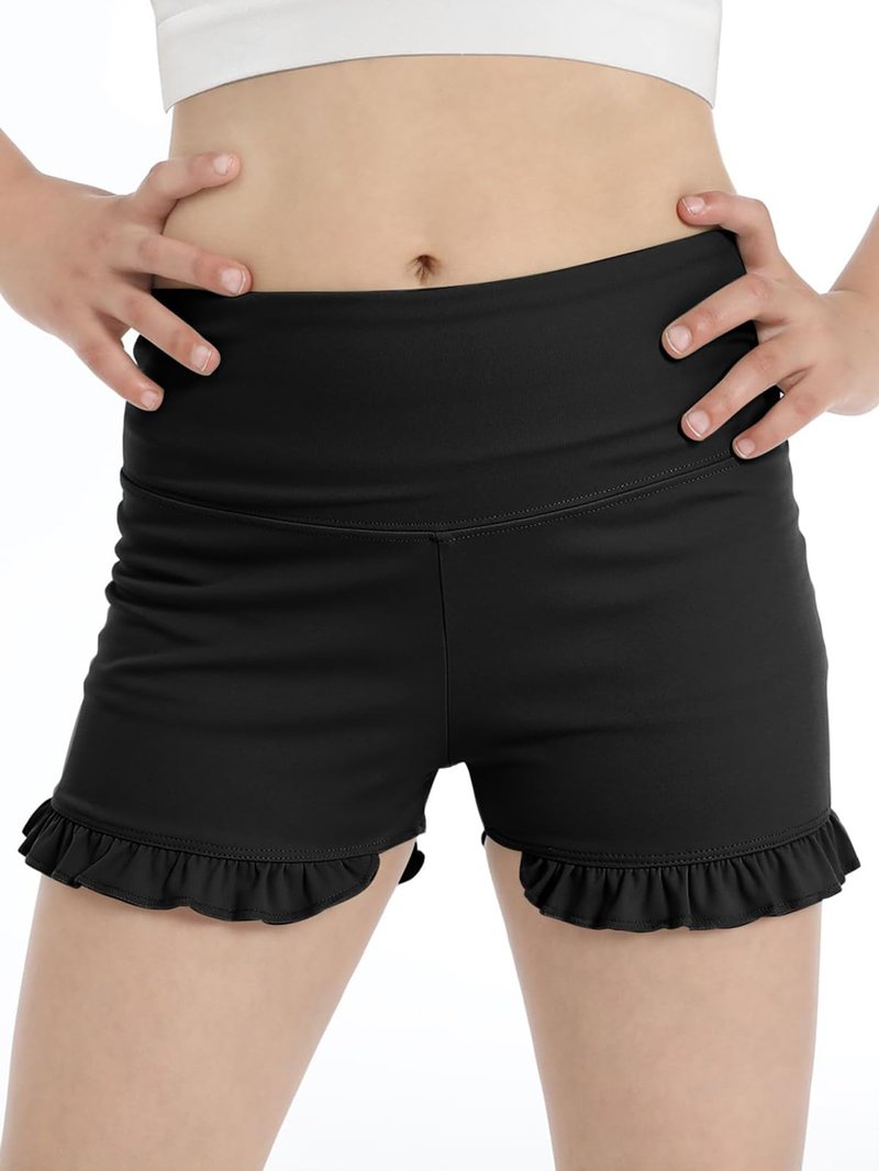 BAOPLAYKIDS Girls Athletic Ruffle Shorts High Waisted Yoga Dance Shorts Comfy Gymnastics Shorts Black 5-14Y