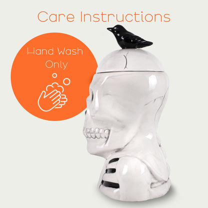 100 North Dolomite Ceramic 12 x 8.5 Halloween Cookie & Candy Jar with Airtight Lid: Perfect for Kitchen Canisters, Pet Treat Containers & Fall Decorative Candy Dish, Skeleton with a Crow