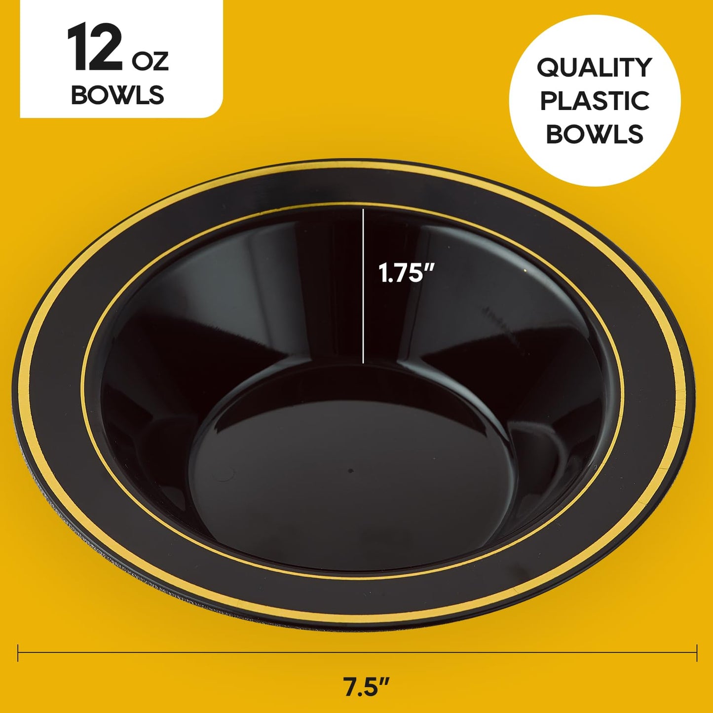JOLLY PARTY 50PCS Black Plastic Bowls with Gold Rim-12oz, Christmas Thanksgiving Premium Disposable Soup Dessert Salad Bowls for Wedding/Party/Halloween