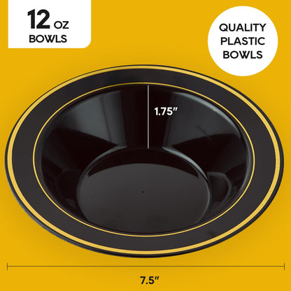JOLLY PARTY 50PCS Black Plastic Bowls with Gold Rim-12oz, Christmas Thanksgiving Premium Disposable Soup Dessert Salad Bowls for Wedding/Party/Halloween