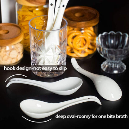 Artena Bright White 6.75 inch Asian Soup Spoons Set of 6, Ultra-fine Porcelain Tablespoon, Chinese/Japanese Kitchen Soup Spoons for Cereal, Ramen Pho - Deep Oval Hook Design
