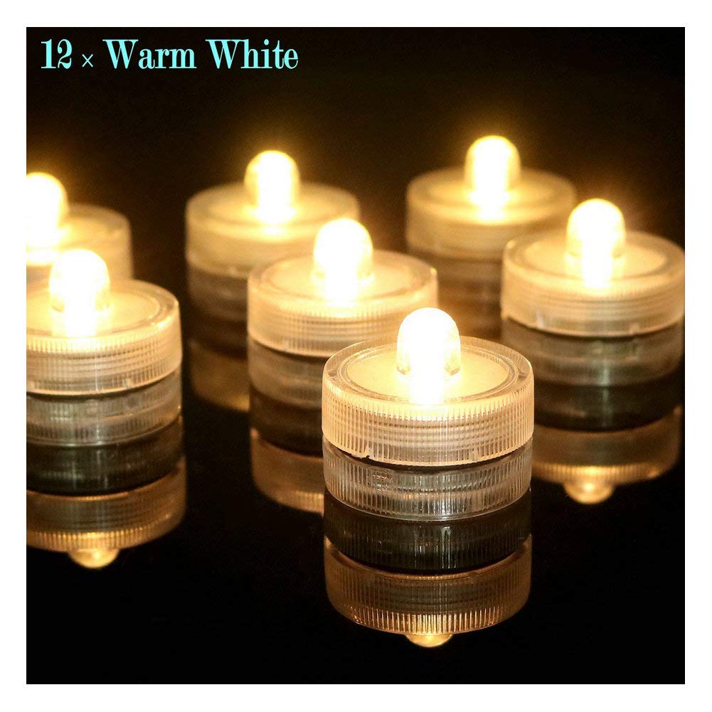 Bright LED Battery Operated Flameless Tea Light, Submersible Tea Candle Waterproof Decorations Underwater Vase Light for Party & Wedding, Pack of 12, Warm White