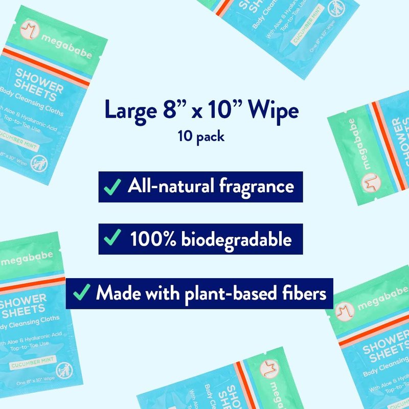 Megababe Cucumber Mint Shower Sheets | Summer and Hot Weather Essential | Individually Wrapped Body Cleansing Cloths | 10 Wipes (Pack of 1)